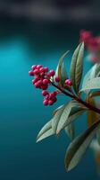 Close-up of pink berries on green leaves by tranquil water nature photography serene environment photo