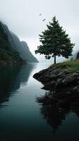 Serene reflection of a lone tree by a tranquil lake nature photography misty landscape calm scene photo