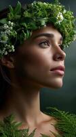 Portrait of a woman with floral crown nature background artistic photography serene mood close-up view photo