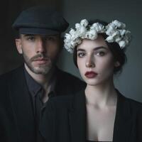 Artistic portraits of a couple in vintage attire studio setting fashion photography fine art close-up emotional expression photo
