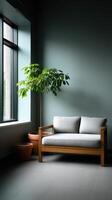 Relaxing lifestyle scene with cozy sofa and indoor plant modern apartment minimalist design photo