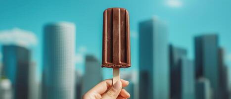 Refreshing chocolate popsicle delight urban cityscape food photography summer vibes close-up view indulgent treat photo