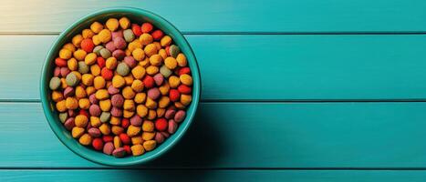 Colorful pet food bowl on wooden surface capturing vibrant colors and shapes indoor setting top angle photo