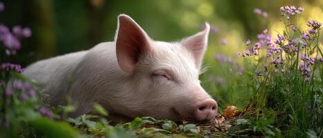 Sleeping piglet surrounded by wildflowers in a serene forest setting nature photography photo
