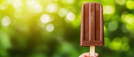 Enjoying a chocolate ice cream bar outdoor park food photography summer vibes close-up indulgence photo