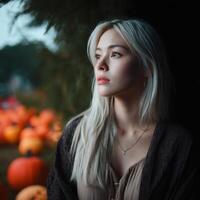 Contemplative woman in a pumpkin patch autumn vibes portrait photography natural light introspective mood photo