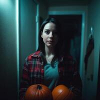 Halloween pumpkin carrying girl in dark hallway spooky atmosphere mysterious vibe photo