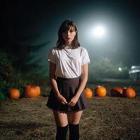 Mysterious young woman surrounded by pumpkins foggy forest portrait photography spooky atmosphere side view photo