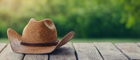 Relaxing outdoor scene featuring a straw hat on wooden table nature background calm environment photo