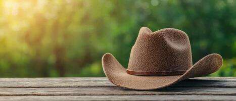 Western cowboy hat on wooden table outdoor natural setting photograph warm light rustic vibe photo