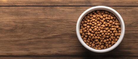 Pet food bowl filled with kibble on rustic wooden table close-up shot home environment photo