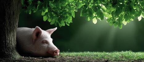 Relaxing pig under tree tranquil forest animal photography serene environment close-up view nature concept photo