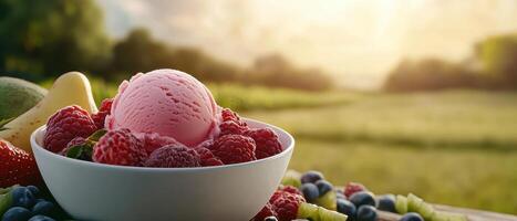 Delicious strawberry raspberry ice cream bowl sunny park food photography natural setting close-up summer treat photo