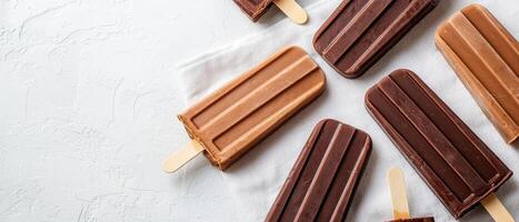 Delicious chocolate and vanilla popsicles kitchen food photography bright environment top view summer treats photo