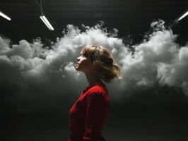 Contemplative woman amidst smoke studio environment portrait photography artistic concept photo