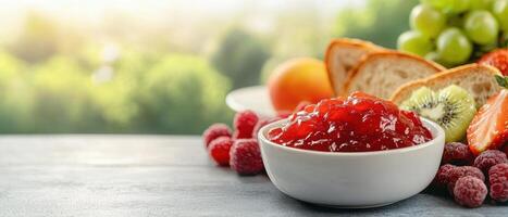 Making delicious raspberry jam with fresh fruits in a bright kitchen environment photo