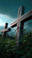 Mournful crosses marking a graveyard serene landscape atmospheric photography somber environment close-up view photo