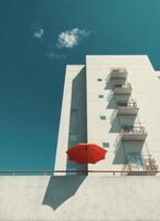 Vibrant red umbrella against modern architecture urban setting photography daylight low angle photo