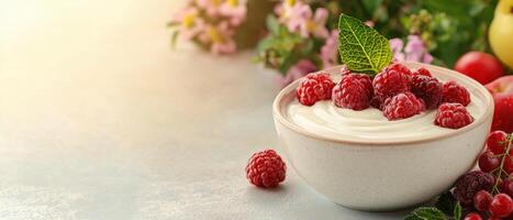 Delicious yogurt with fresh raspberries kitchen setting food photography natural light culinary delight photo