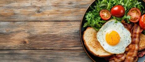 Delicious breakfast platter with egg bacon and greens on wooden table rustic kitchen food photography photo