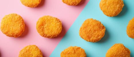 Colorful chicken nuggets display studio setting food photography playful environment top view fun concept photo