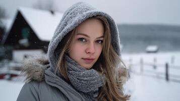 Winter portrait of a young woman in a snowy landscape captured in a serene environment photo