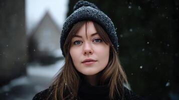 Young woman in winter apparel snowy landscape portrait photography outdoor setting close-up view emotive expression photo