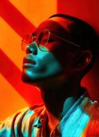 Dramatic portrait of a young man urban studio fashion photography colorful lighting close-up self-expression photo