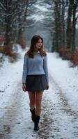 Winter stroll snowy path fashion photography nature eye-level serenity and style photo