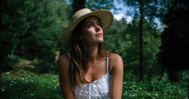 Woman enjoying nature in a sunlit forest captured in a close-up outdoor lifestyle shot photo