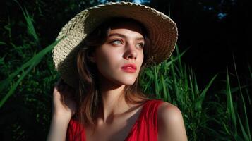 Sunlit portrait of a young woman in nature capturing beauty and serenity outdoor setting close-up photo