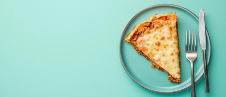 Delicious pizza slice on vibrant plate home kitchen food photography clean background close-up view photo