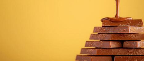 Drizzling chocolate over stacked bars kitchen food photography bright yellow background close-up shot dessert concept photo