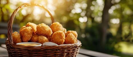 Crispy fried chicken bites outdoor picnic food photography natural setting close-up culinary delight photo