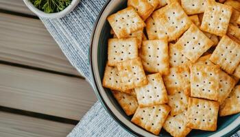 Crackers and dip snack platter home kitchen food photography cozy setting close-up view culinary delight photo