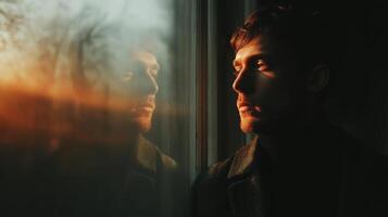 Contemplative reflection of a man at sunset urban setting portrait photography introspective mood photo