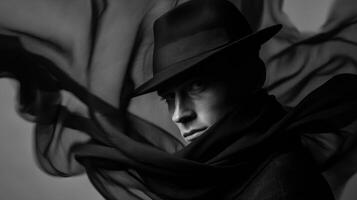 Dramatic portrait of a mysterious figure in a hat studio black and white photography artistic atmosphere photo