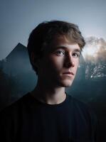 Portrait of a young man in a mysterious environment at dusk reflecting emotions and inner thoughts photo