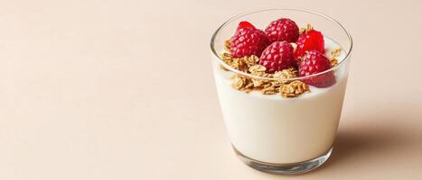 Healthy raspberry yogurt parfait recipe kitchen food photography minimalistic close-up nutrition photo