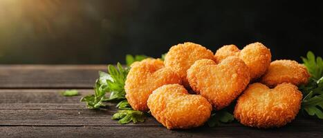 Delicious heart-shaped nuggets rustic kitchen food photography warm lighting close-up love in every bite photo