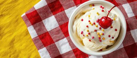 Delicious ice cream sundae with cherry and sprinkles outdoor picnic setting food photography photo