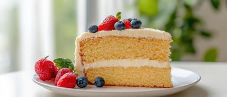 Delicious cake slice with berries home kitchen food photography bright environment close-up view dessert concept photo