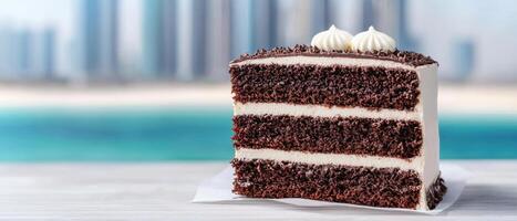 Delicious chocolate cake slice urban setting food photography bright environment close-up view tempting dessert photo