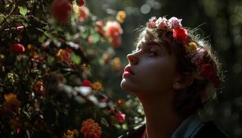A young woman in a flower crown enjoying nature's beauty in a serene garden close-up perspective photo
