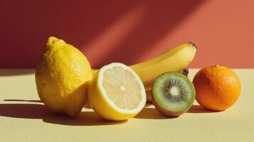 Fresh fruit display lemons bananas kiwi and oranges on colorful background photo