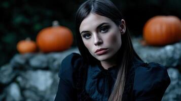 Mysterious woman surrounded by pumpkins autumn forest portrait photography dark atmosphere close-up halloween theme photo