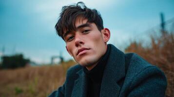 Portrait of a stylish young man outdoors at dusk casual fashion urban setting close-up view photo