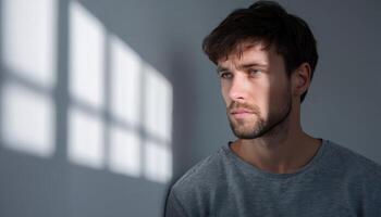 Contemplative man in natural light indoor setting portrait photography emotional reflection photo