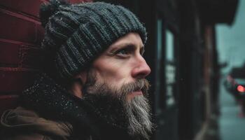 Contemplative man with beard in urban setting close-up portrait foggy atmosphere photo