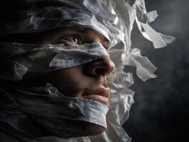 Emotional portrait of a man wrapped in bandages dark studio photography artistic environment close-up view photo